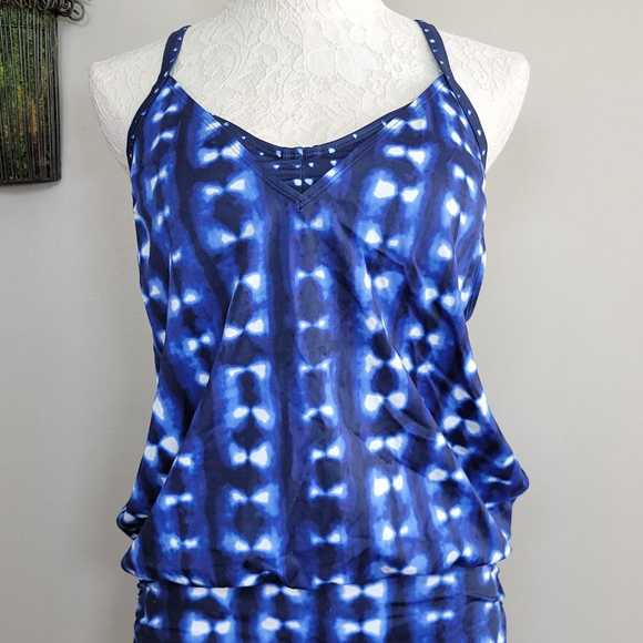 Athleta Mashiko Side Scrunch Tankini Bra Swim Top Dress Blue Dots Tie Dye 36 B/C - Picture 3 of 14